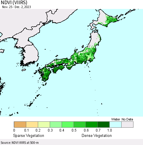 Japan NDVI (VIIRS) Thematic Map For 11/25/2023 - 12/2/2023