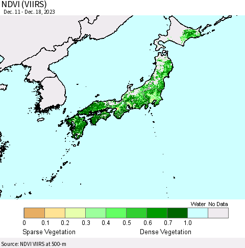 Japan NDVI (VIIRS) Thematic Map For 12/11/2023 - 12/18/2023