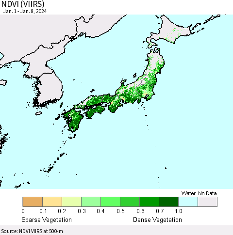 Japan NDVI (VIIRS) Thematic Map For 1/1/2024 - 1/8/2024