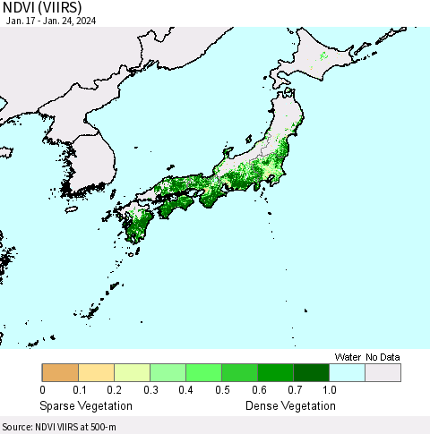 Japan NDVI (VIIRS) Thematic Map For 1/17/2024 - 1/24/2024