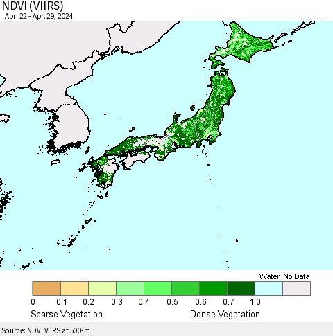 Japan NDVI (VIIRS) Thematic Map For 4/22/2024 - 4/29/2024