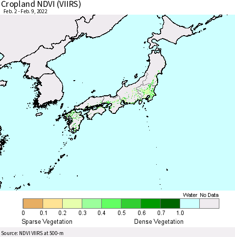 Japan Cropland NDVI (VIIRS) Thematic Map For 2/2/2022 - 2/9/2022