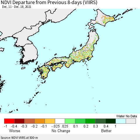 Japan NDVI Departure from Previous 8-days (VIIRS) Thematic Map For 12/11/2021 - 12/18/2021