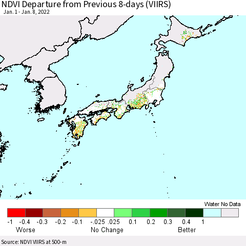 Japan NDVI Departure from Previous 8-days (VIIRS) Thematic Map For 1/1/2022 - 1/8/2022