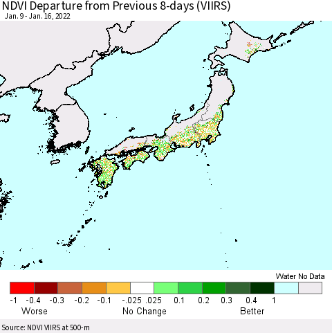 Japan NDVI Departure from Previous 8-days (VIIRS) Thematic Map For 1/9/2022 - 1/16/2022