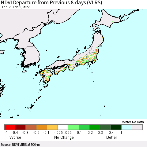 Japan NDVI Departure from Previous 8-days (VIIRS) Thematic Map For 2/2/2022 - 2/9/2022