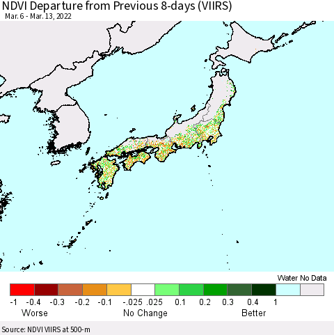 Japan NDVI Departure from Previous 8-days (VIIRS) Thematic Map For 3/6/2022 - 3/13/2022