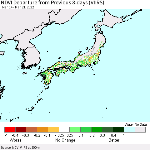 Japan NDVI Departure from Previous 8-days (VIIRS) Thematic Map For 3/14/2022 - 3/21/2022