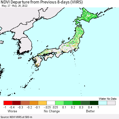 Japan NDVI Departure from Previous 8-days (VIIRS) Thematic Map For 5/17/2022 - 5/24/2022