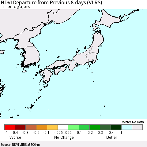 Japan NDVI Departure from Previous 8-days (VIIRS) Thematic Map For 7/28/2022 - 8/4/2022