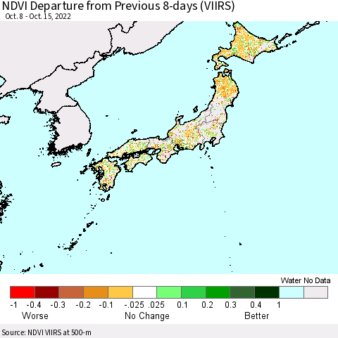Japan NDVI Departure from Previous 8-days (VIIRS) Thematic Map For 10/8/2022 - 10/15/2022