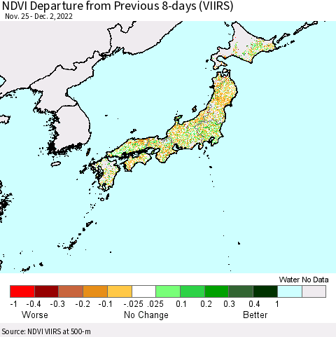 Japan NDVI Departure from Previous 8-days (VIIRS) Thematic Map For 11/25/2022 - 12/2/2022