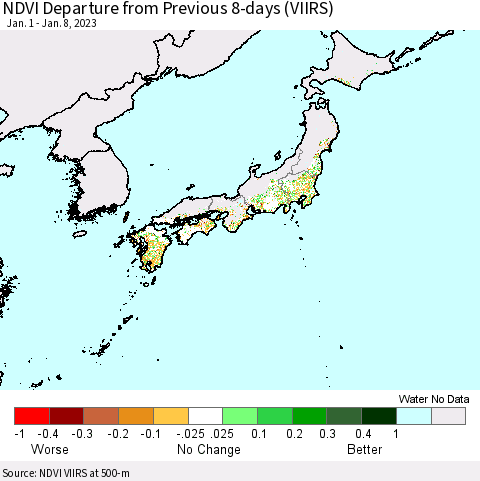 Japan NDVI Departure from Previous 8-days (VIIRS) Thematic Map For 1/1/2023 - 1/8/2023