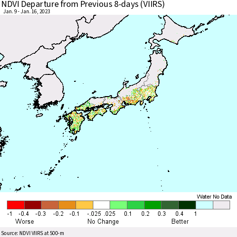 Japan NDVI Departure from Previous 8-days (VIIRS) Thematic Map For 1/9/2023 - 1/16/2023