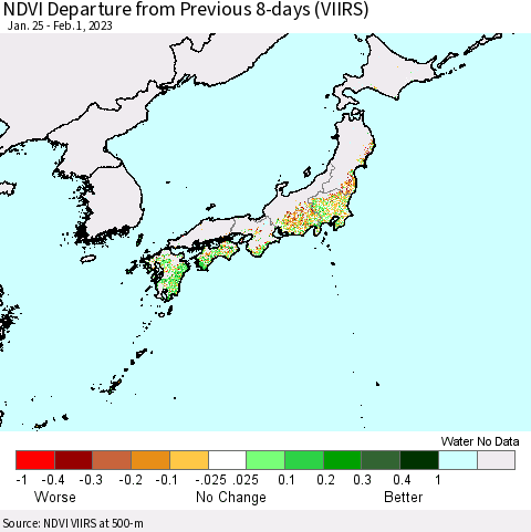 Japan NDVI Departure from Previous 8-days (VIIRS) Thematic Map For 1/25/2023 - 2/1/2023