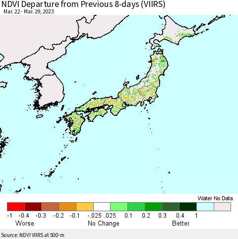 Japan NDVI Departure from Previous 8-days (VIIRS) Thematic Map For 3/22/2023 - 3/29/2023