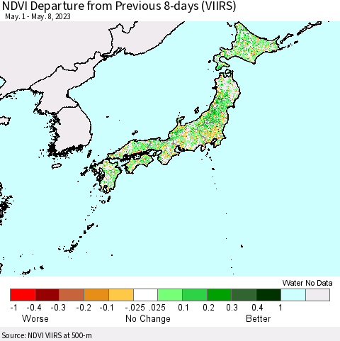 Japan NDVI Departure from Previous 8-days (VIIRS) Thematic Map For 5/1/2023 - 5/8/2023