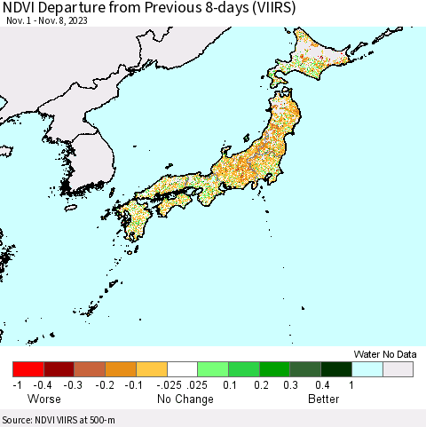 Japan NDVI Departure from Previous 8-days (VIIRS) Thematic Map For 11/1/2023 - 11/8/2023