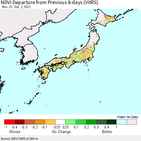 Japan NDVI Departure from Previous 8-days (VIIRS) Thematic Map For 11/25/2023 - 12/2/2023