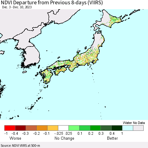 Japan NDVI Departure from Previous 8-days (VIIRS) Thematic Map For 12/3/2023 - 12/10/2023