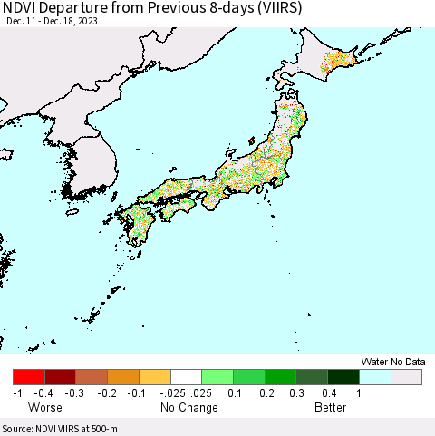 Japan NDVI Departure from Previous 8-days (VIIRS) Thematic Map For 12/11/2023 - 12/18/2023