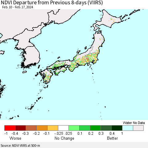 Japan NDVI Departure from Previous 8-days (VIIRS) Thematic Map For 2/10/2024 - 2/17/2024