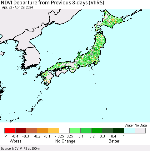Japan NDVI Departure from Previous 8-days (VIIRS) Thematic Map For 4/22/2024 - 4/29/2024