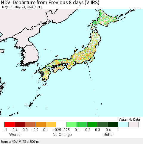 Japan NDVI Departure from Previous 8-days (VIIRS) Thematic Map For 5/16/2024 - 5/23/2024