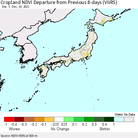 Japan Cropland NDVI Departure from Previous 8-days (VIIRS) Thematic Map For 12/3/2021 - 12/10/2021