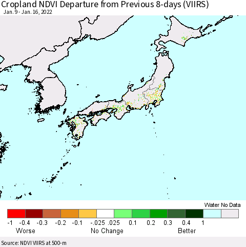 Japan Cropland NDVI Departure from Previous 8-days (VIIRS) Thematic Map For 1/9/2022 - 1/16/2022
