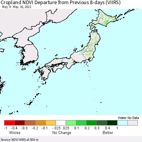 Japan Cropland NDVI Departure from Previous 8-days (VIIRS) Thematic Map For 5/9/2022 - 5/16/2022