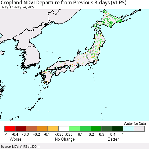 Japan Cropland NDVI Departure from Previous 8-days (VIIRS) Thematic Map For 5/17/2022 - 5/24/2022