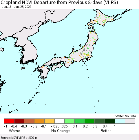 Japan Cropland NDVI Departure from Previous 8-days (VIIRS) Thematic Map For 6/18/2022 - 6/25/2022