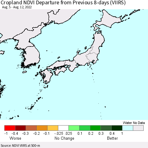 Japan Cropland NDVI Departure from Previous 8-days (VIIRS) Thematic Map For 8/5/2022 - 8/12/2022