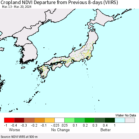 Japan Cropland NDVI Departure from Previous 8-days (VIIRS) Thematic Map For 3/13/2024 - 3/20/2024