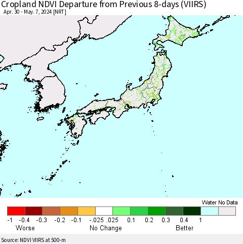 Japan Cropland NDVI Departure from Previous 8-days (VIIRS) Thematic Map For 4/30/2024 - 5/7/2024