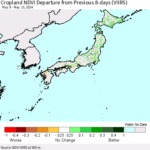 Japan Cropland NDVI Departure from Previous 8-days (VIIRS) Thematic Map For 5/8/2024 - 5/15/2024
