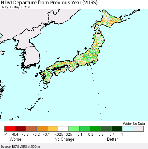 Japan NDVI Departure from Previous Year (VIIRS) Thematic Map For 5/1/2021 - 5/8/2021