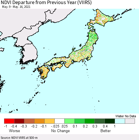Japan NDVI Departure from Previous Year (VIIRS) Thematic Map For 5/9/2021 - 5/16/2021