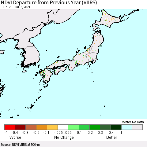 Japan NDVI Departure from Previous Year (VIIRS) Thematic Map For 6/26/2021 - 7/3/2021