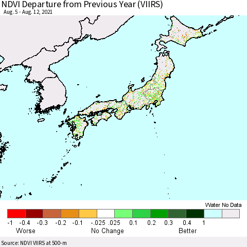 Japan NDVI Departure from Previous Year (VIIRS) Thematic Map For 8/5/2021 - 8/12/2021