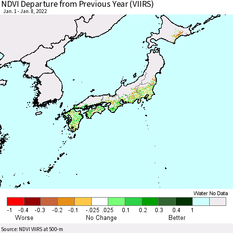 Japan NDVI Departure from Previous Year (VIIRS) Thematic Map For 1/1/2022 - 1/8/2022