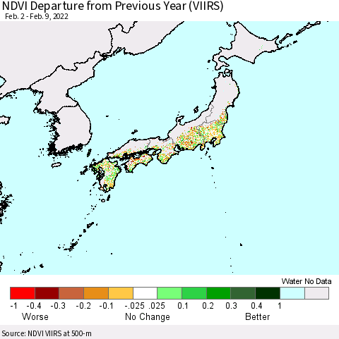 Japan NDVI Departure from Previous Year (VIIRS) Thematic Map For 2/2/2022 - 2/9/2022