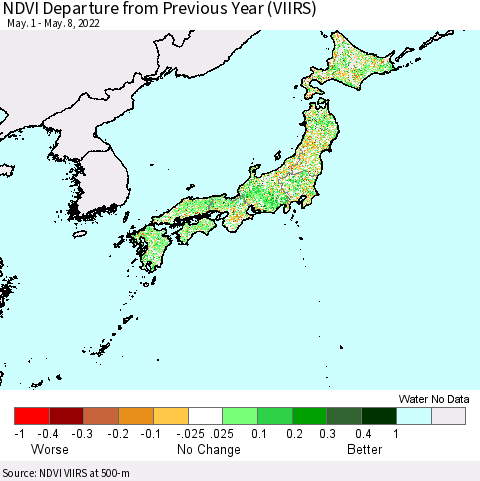Japan NDVI Departure from Previous Year (VIIRS) Thematic Map For 5/1/2022 - 5/8/2022