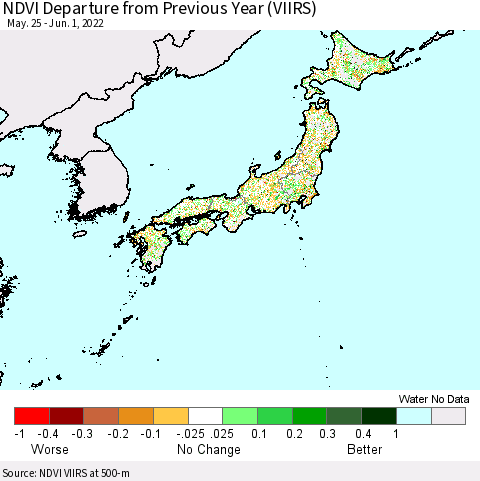 Japan NDVI Departure from Previous Year (VIIRS) Thematic Map For 5/25/2022 - 6/1/2022