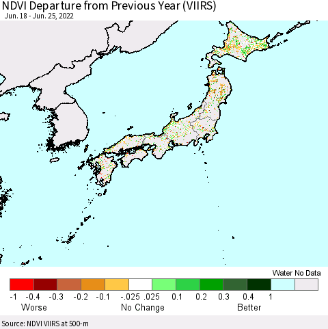 Japan NDVI Departure from Previous Year (VIIRS) Thematic Map For 6/18/2022 - 6/25/2022