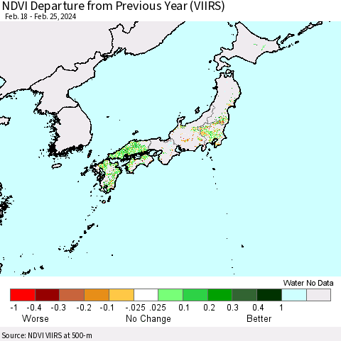 Japan NDVI Departure from Previous Year (VIIRS) Thematic Map For 2/18/2024 - 2/25/2024