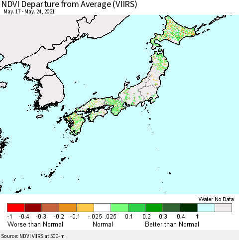 Japan NDVI Departure from Average (VIIRS) Thematic Map For 5/17/2021 - 5/24/2021