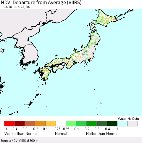 Japan NDVI Departure from Average (VIIRS) Thematic Map For 6/18/2021 - 6/25/2021
