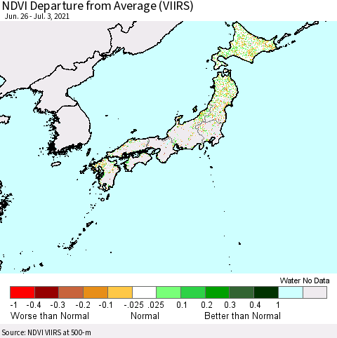 Japan NDVI Departure from Average (VIIRS) Thematic Map For 6/26/2021 - 7/3/2021